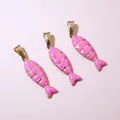 Detailed view of three pink enamel fish pendants with gold stripes and heart-shaped tails - Pink Style(E6-83)