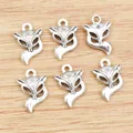 Set of 6 vintage silver fox head alloy pendants for DIY necklace jewelry making - Antique Silver