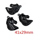 Three glossy black alloy horse head pendants for DIY jewelry making, size 41x29mm - 41x29mm