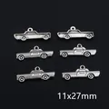 Pack of six vintage silver alloy car pendants for jewelry making 11x27mm charms - Vintage Car