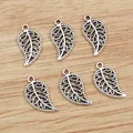 Set of 6 vintage silver alloy leaf charms with hollow veins for DIY jewelry making - Antique Silver