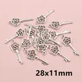 Antique silver rose key charm for DIY jewelry making, size 28x11mm zinc alloy pendant - Rose Pattern Style (R4-38)