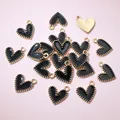 Detailed view of heart-shaped black enamel pendants with gold beaded edges for DIY jewelry - Black (AJ5-09)