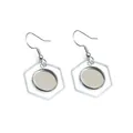 Macro shot of silver stainless steel hexagonal frame and round tray earring base - Hexagonal Style (E3-74)