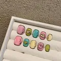 Handmade 2D pop art style press-on nails set with 3D stars and colorful heart charms - Large (L) / 1654 Short Square Round