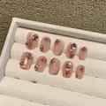 Handmade press-on nails with pink blush base, gold glitter swirls and star rhinestones - Pink Blush Rhinestone Cluster (1643 Short Coffin) / Extra Small (XS)