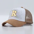 Berretto da baseball in mesh con logo R di strass e pannelli traspiranti bicolore - Stile Lettera R con Strass - Tesa senza Strass / Bianco Marrone