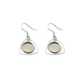 Silver-finished triangular geometric stainless steel drop earrings with round bezel bases - Triangular Style (E3-77)