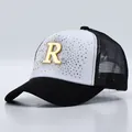 Berretto da baseball in rete con emblema R in strass e retro traspirante di moda - Stile Lettera R con Strass - Tesa senza Strass / Nero e Bianco