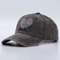 Macro detail of silver rhinestone heart embellishment on washed cotton baseball cap - Adjustable / Rhinestone Heart Style / Coffee