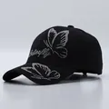 Women's black cotton baseball cap featuring sparkling butterfly rhinestone patterns - Butterfly Pattern / Black