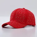 Fashionable red rhinestone baseball cap with sparkling crystal studs for trendy women - Adjustable / Red