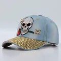 Denim skull baseball cap with red rose embroidery and rhinestone brim accents - Adjustable / Light Blue Denim Rose Skull