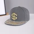 Detail of flat brim snapback with gold dollar sign rhinestone and glitter accents - Adjustable / Currency-Gray