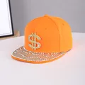 Detailed shot of an orange hip hop cap with rhinestone dollar sign and glittery flat brim - Adjustable / Currency-Orange