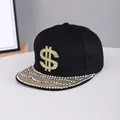 Macro detail of gold dollar sign with rhinestones on a snake skin brim hip-hop hat - Adjustable / Currency-Black