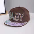 Close-up of colorful rhinestone BABY lettering on a flat brim hip-hop baseball cap - Adjustable / Letter-Coffee