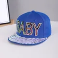 Detail of blue hip hop cap featuring sparkling rhinestone BABY letters and laser brim - Adjustable / Letter-Royal Blue