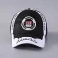 Macro detail of Hamburg 3D embroidery on black and white panel baseball cap - Adjustable / Hamburg City Style / Black + White