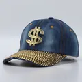 Dark blue denim baseball cap with gold rhinestone dollar sign and studded brim - Adjustable / Medium Blue Denim Dollar Sign