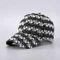 Detail of black and white houndstooth baseball cap with woven gold sequins and tweed texture - Houndstooth with Gold Sequins (5#)