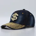 Distressed dark blue denim baseball cap with gold rhinestone brim and dollar sign - Adjustable / Dark Blue Denim Dollar Sign