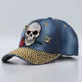 Denim baseball cap featuring embroidered skull and roses with gold rhinestones on brim - Adjustable / Medium Blue Denim Rose Skull