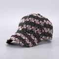 Detail of tweed baseball cap featuring pink and black weave with golden sequins - Pink Black Gold Tweed (7#)
