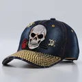 Dark blue denim baseball cap with skull embroidery and rhinestone brim accents - Adjustable / Dark Blue Denim Rose Skull