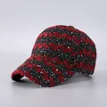 Detail of red and black houndstooth tweed baseball cap with subtle gold sequins - Red Black Plaid with Sequins (8#)