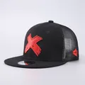 Detail of red X embroidery and breathable black mesh on the back of the trucker hat - Adjustable / Trucker Hat / Red