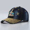 Dark blue denim baseball cap with skull patch and gold rhinestones on the brim - Adjustable / Dark Blue Denim Middle Finger