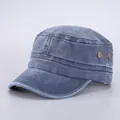 Flat top military cadet hat in navy blue washed denim with breathable metal eyelets - Adjustable / Denim Blue