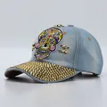 Light blue denim baseball cap with skull patch and gold rhinestone studded brim - Adjustable / Light Blue Denim Colorful Skull