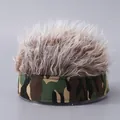 Hip hop docker cap with camouflage pattern and fluffy light brown synthetic wig hair - Army Green Camo Base With Coffee Wig