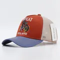 Cappellino trucker rosso mattone e beige con ricamo moto professionale - Motociclista Tesa Arancione Blu