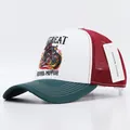 Cappellino trucker a tre colori con ricamo moto e rete traspirante rosso bordeaux - Motociclista Tesa Bianco Verde