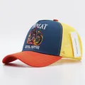Navy blue and orange trucker hat with motor racing embroidery and yellow mesh back - Motorcycle Rider Navy Orange Brim