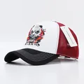 Trucker hat with panda embroidery, mesh back in black, white, and red color block design - 3D Panda White Black Brim