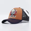 Three-color trucker hat featuring panda embroidery and breathable grey mesh back - 3D Panda Coffee Black Brim