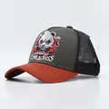 Gray and orange trucker hat featuring heavy panda embroidery and black mesh back - 3D Panda Gray Orange Brim