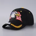 Detailed close-up of bald eagle embroidery and USA flag on a black cotton baseball cap - Black Eagle USA
