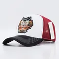 Trucker hat with wolf flame embroidery, white panel, black brim, and red mesh back - Lion White Black Brim