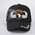 Detailed embroidery of 101st Airborne eagle shield on a black cotton baseball cap - Adjustable / 3D Eagle Head Black