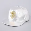 Close-up of silver snake skin pattern snapback hat with rhinestone gold dollar sign - Silver Money Sign