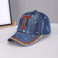 Dark blue denim baseball cap with orange rhinestone letter T and studded silver rivets - Letter T Medium Blue