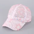 Detail of pink mesh baseball cap with sequin embroidery and 3D floral appliqués - Adjustable / Lotus root pink