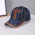 Navy blue denim baseball cap with orange and white rhinestone T logo and glittered brim - Letter T Dark Blue