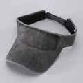 Detail of adjustable velcro strap and reinforced stitching on a grey denim visor hat - Black