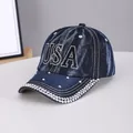 Dark blue denim baseball cap featuring sparkling rhinestones with USA letter design - USA Dark Blue
